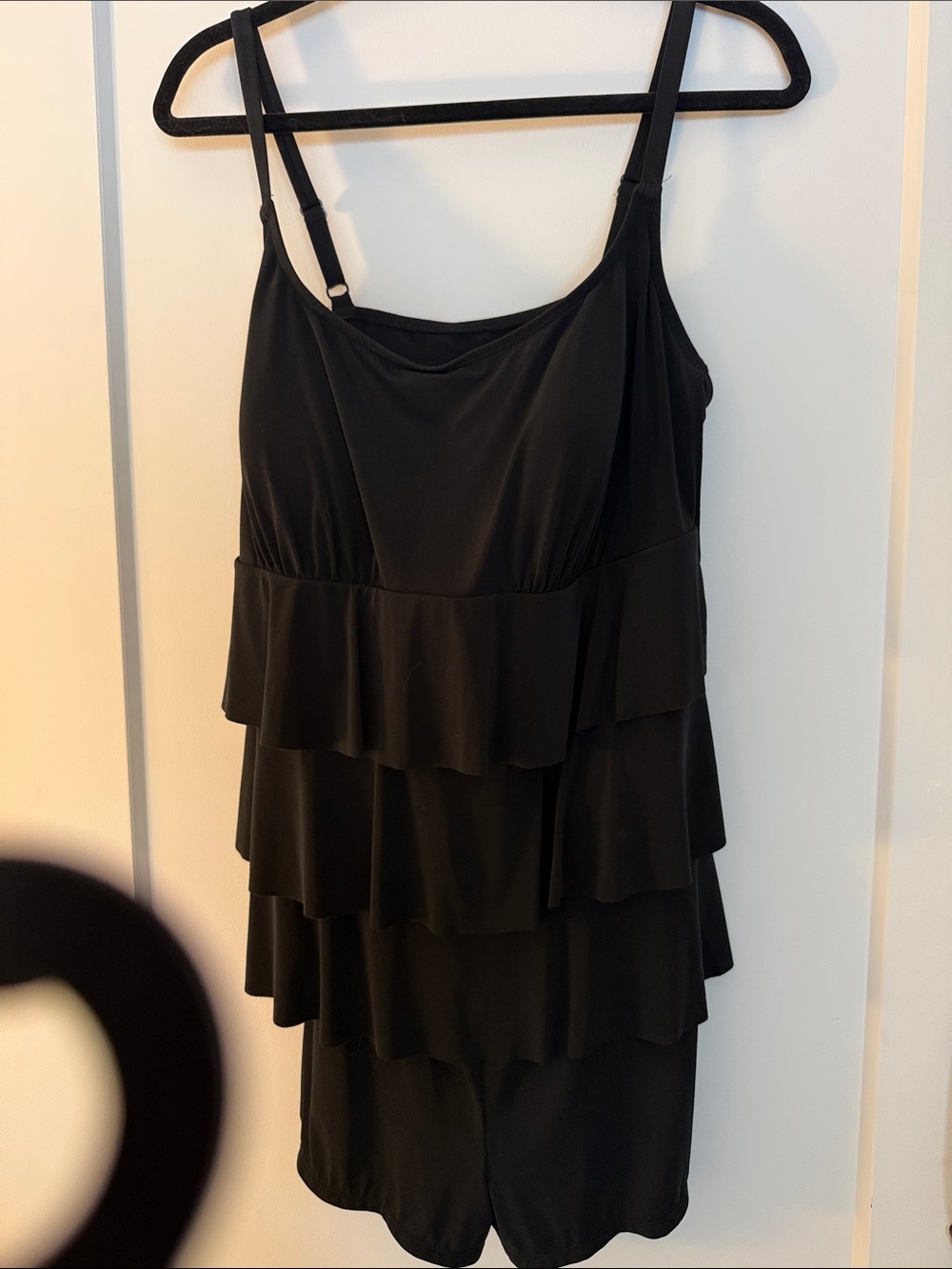 Black Tiered Ruffle Sleeveless Romper-style Bathing Suit by Longitude
